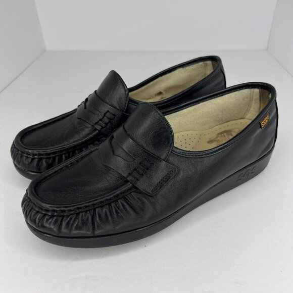 SAS Womens Black Penny Handsewn Leather Soft Teel Heel Slip-On Size 7 Loafers - Picture 1 of 8